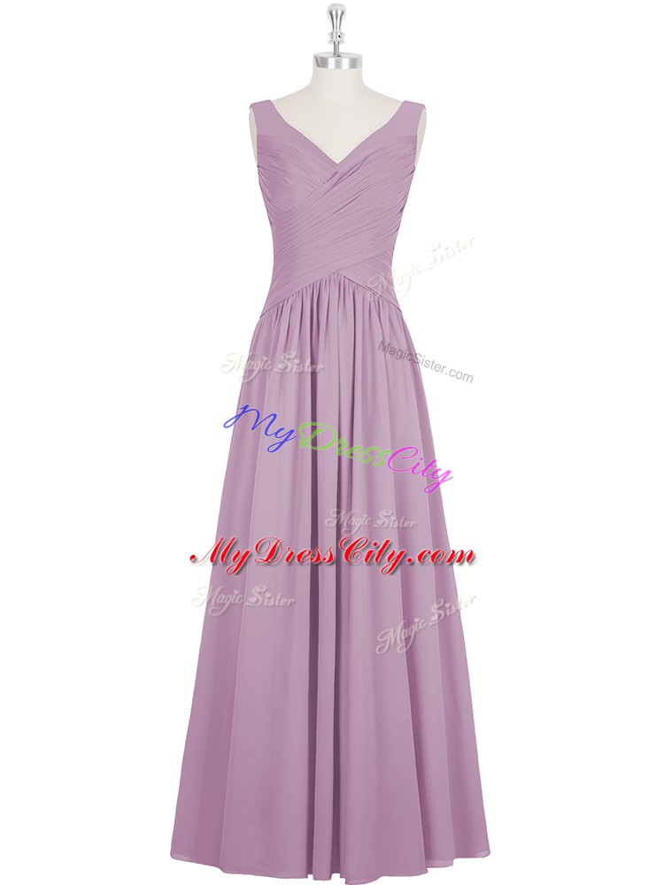 Romantic Purple A-line Chiffon V-neck Sleeveless Ruching Floor Length Zipper Evening Dress