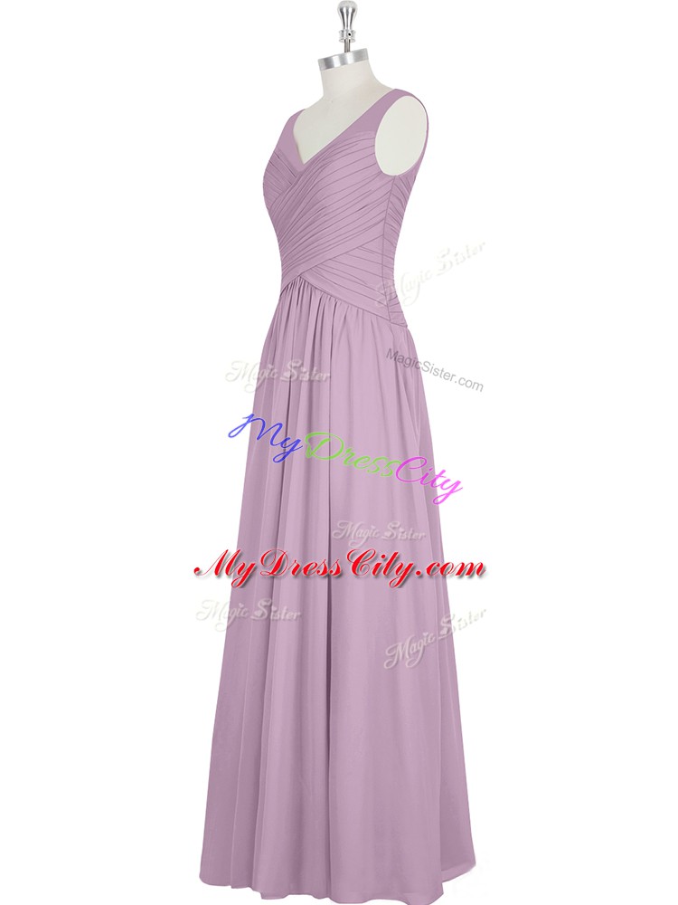 Romantic Purple A-line Chiffon V-neck Sleeveless Ruching Floor Length Zipper Evening Dress