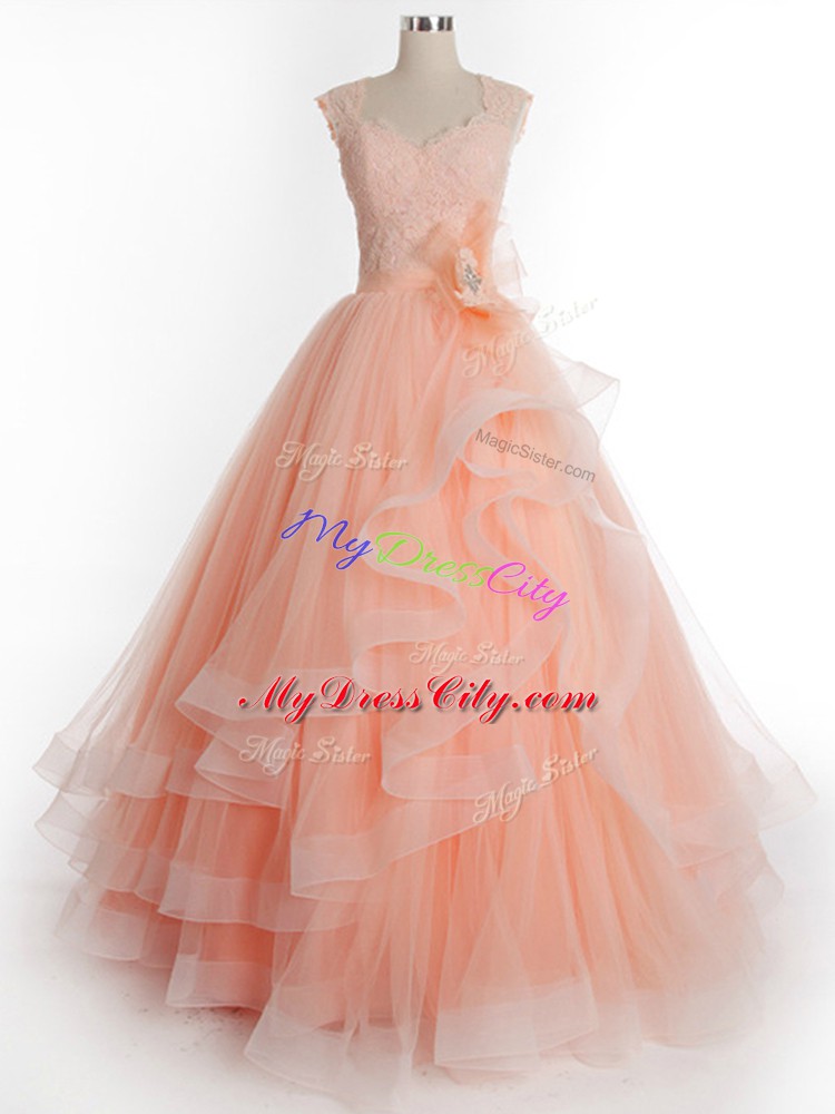 Best Selling Sleeveless Tulle Floor Length Lace Up 15 Quinceanera Dress in Peach with Ruffles