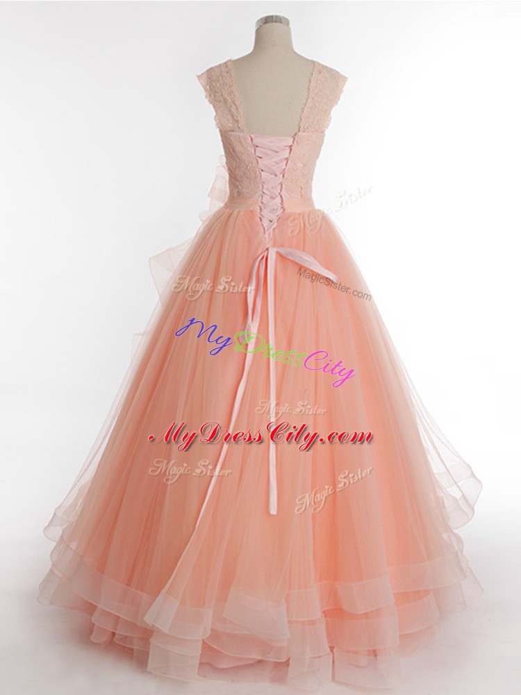 Best Selling Sleeveless Tulle Floor Length Lace Up 15 Quinceanera Dress in Peach with Ruffles