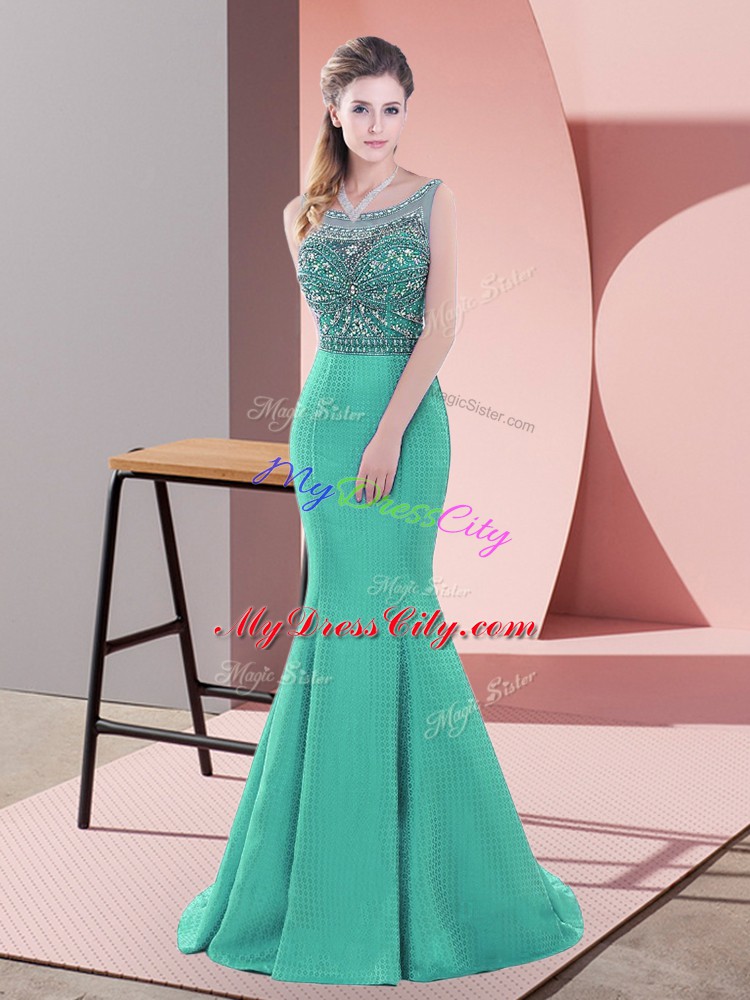 Customized Beading Prom Gown Turquoise Backless Sleeveless Sweep Train