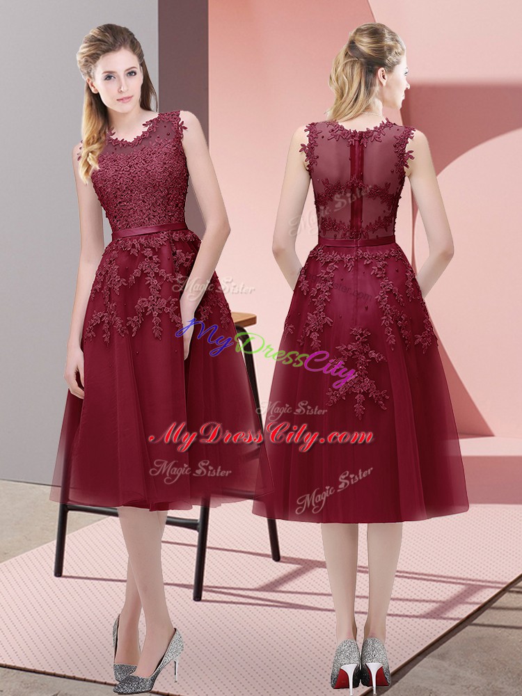 Nice Sleeveless Tulle Tea Length Lace Up Prom Dresses in Burgundy with Beading and Lace and Appliques