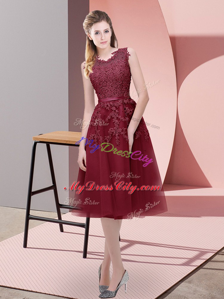 Nice Sleeveless Tulle Tea Length Lace Up Prom Dresses in Burgundy with Beading and Lace and Appliques