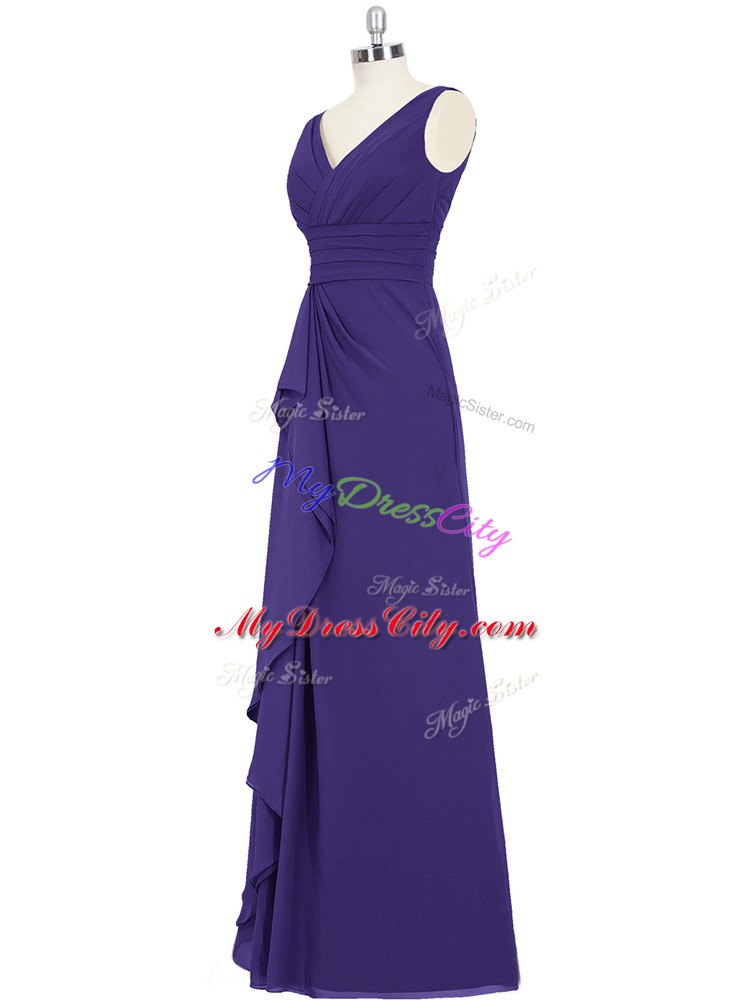 Sumptuous Purple V-neck Neckline Ruching Prom Party Dress Sleeveless Zipper