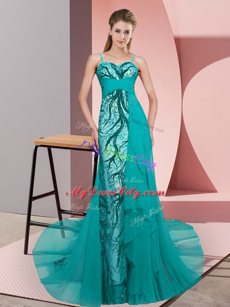 Sexy Sleeveless Sweep Train Beading and Lace Zipper Prom Evening Gown