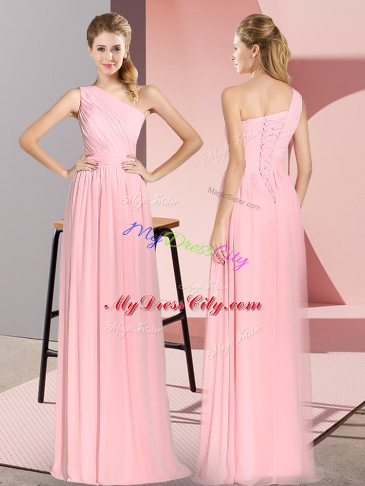 Modern Pink Prom Dresses Prom and Party with Ruching One Shoulder Sleeveless Lace Up