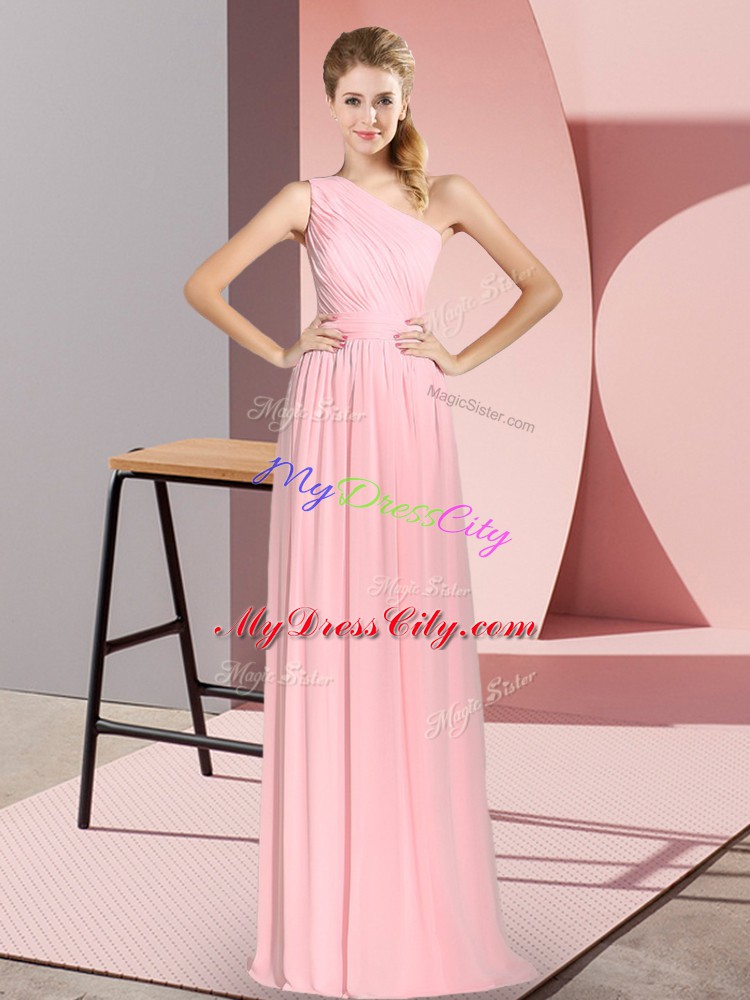 Modern Pink Prom Dresses Prom and Party with Ruching One Shoulder Sleeveless Lace Up