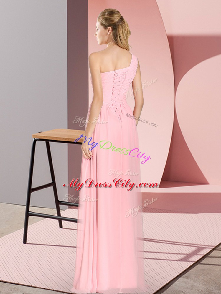 Modern Pink Prom Dresses Prom and Party with Ruching One Shoulder Sleeveless Lace Up