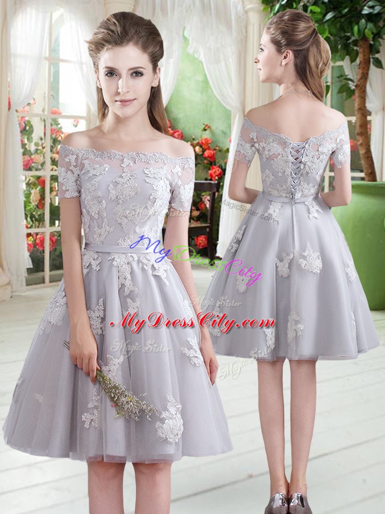 Wonderful Knee Length Lace Up Prom Dress Grey for Prom and Party with Appliques