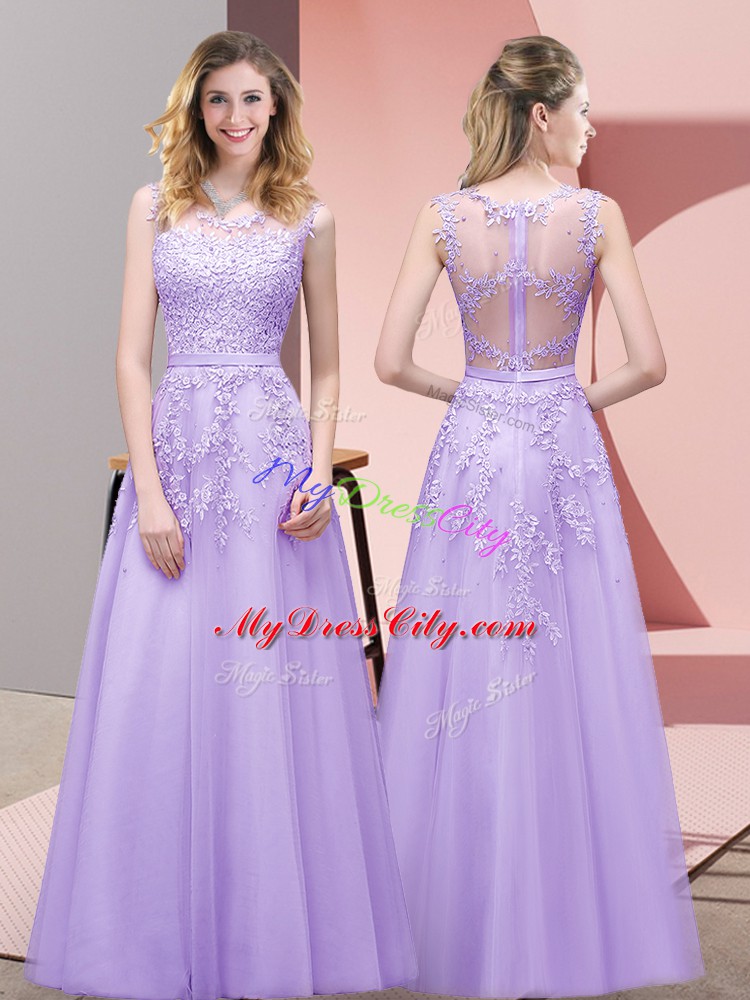 Excellent A-line Lavender Scoop Tulle Sleeveless Floor Length Zipper