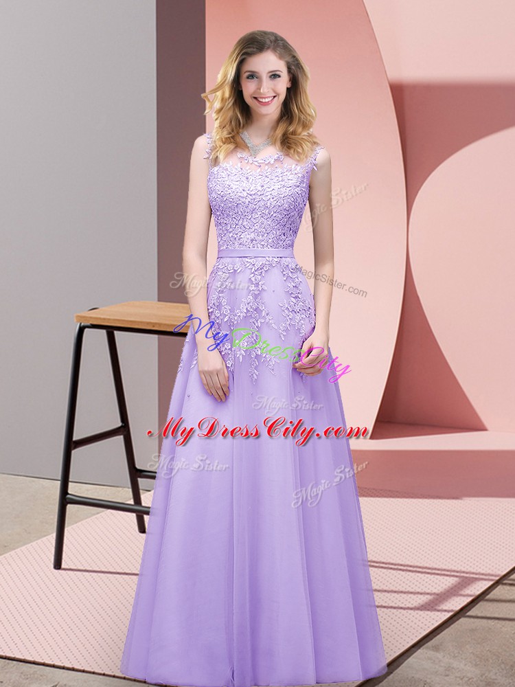 Excellent A-line Lavender Scoop Tulle Sleeveless Floor Length Zipper