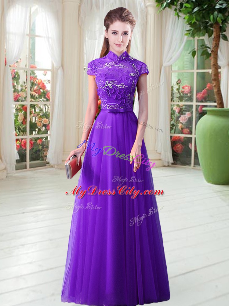 Floor Length Eggplant Purple Prom Dresses Tulle Cap Sleeves Appliques