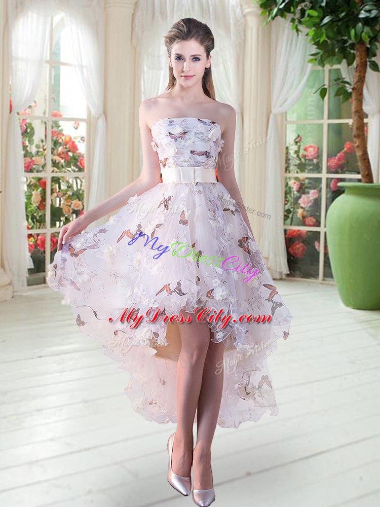 Delicate Sleeveless Organza High Low Lace Up Prom Dresses in White with Appliques
