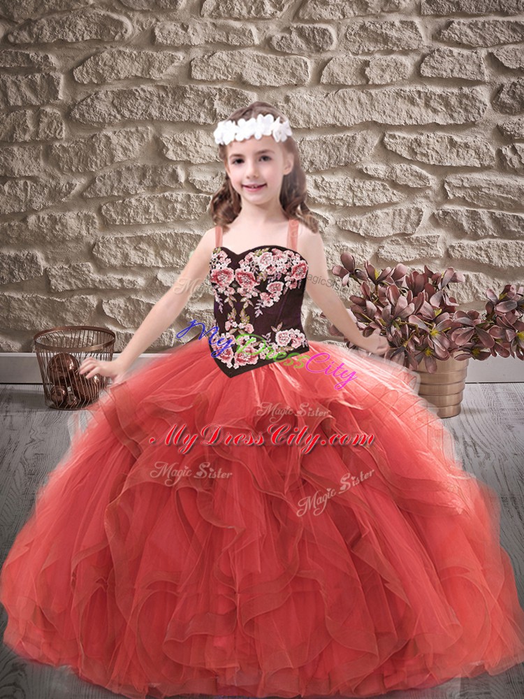 Floor Length Ball Gowns Sleeveless Red Pageant Dress for Girls Lace Up