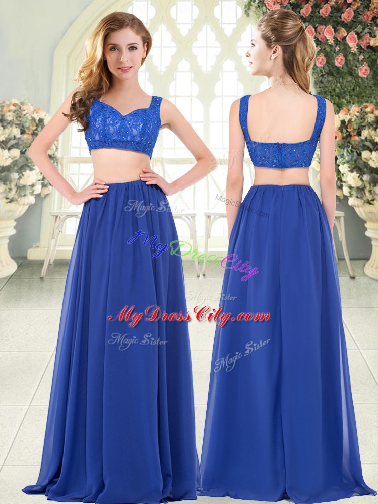 Colorful Royal Blue Two Pieces Chiffon Straps Sleeveless Beading and Lace Floor Length Zipper Prom Gown