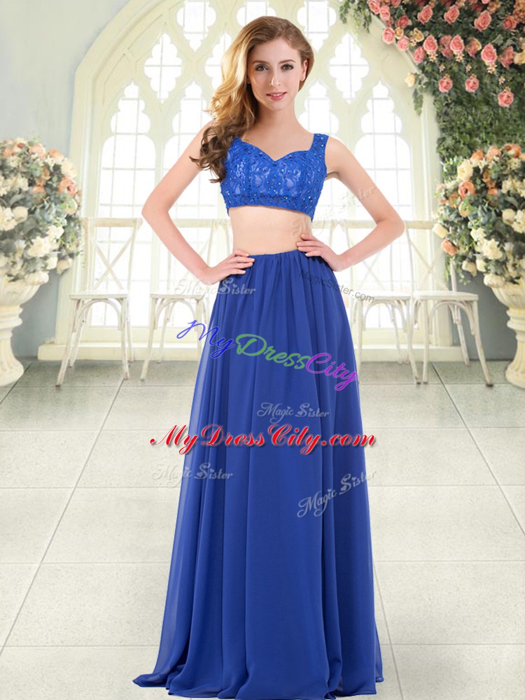 Colorful Royal Blue Two Pieces Chiffon Straps Sleeveless Beading and Lace Floor Length Zipper Prom Gown