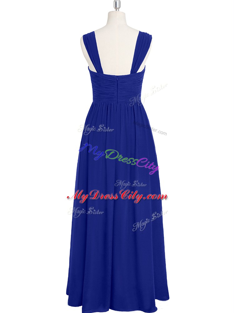 Elegant Royal Blue Chiffon Zipper Sleeveless Floor Length Ruching