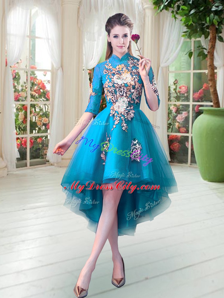 Beauteous Teal Half Sleeves High Low Appliques Zipper Prom Party Dress