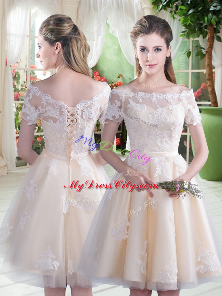 Spectacular Champagne Short Sleeves Knee Length Lace Lace Up Prom Evening Gown