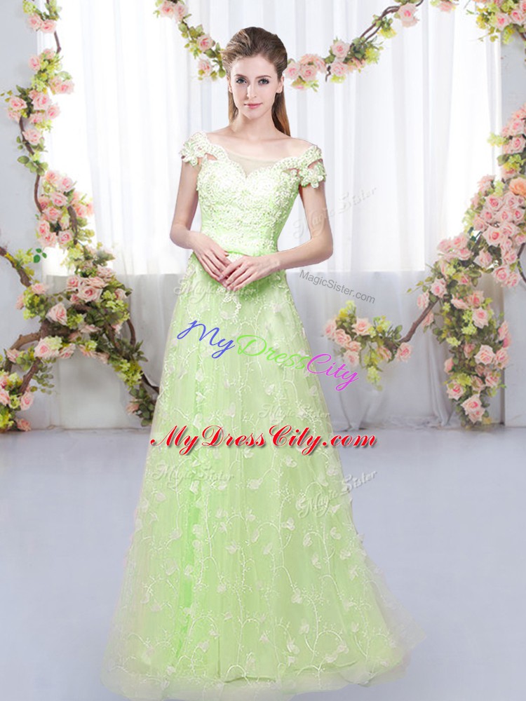 Luxury Cap Sleeves Tulle Floor Length Lace Up Bridesmaid Gown in Yellow Green with Appliques