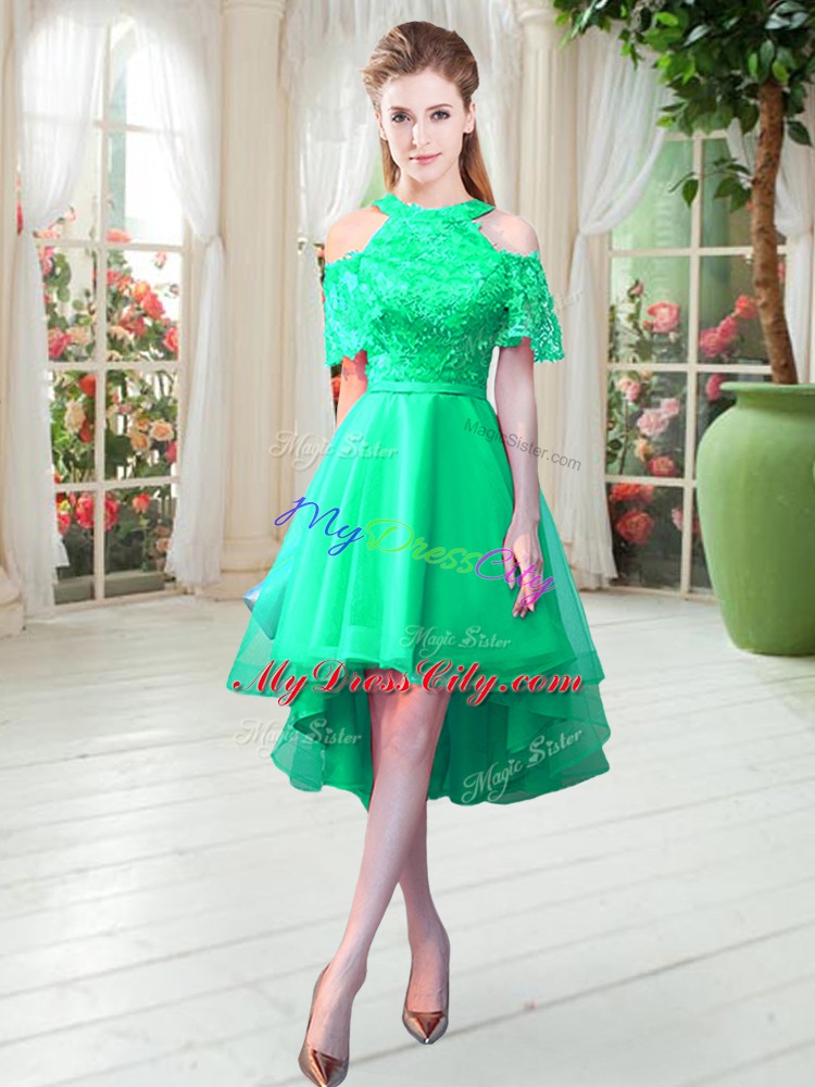 Clearance Turquoise Dress for Prom Prom and Party with Lace High-neck Short Sleeves Zipper