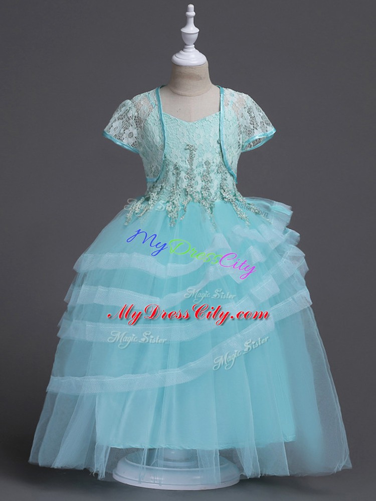 Hot Selling Aqua Blue Ball Gowns Appliques Toddler Flower Girl Dress Zipper Tulle Sleeveless Floor Length