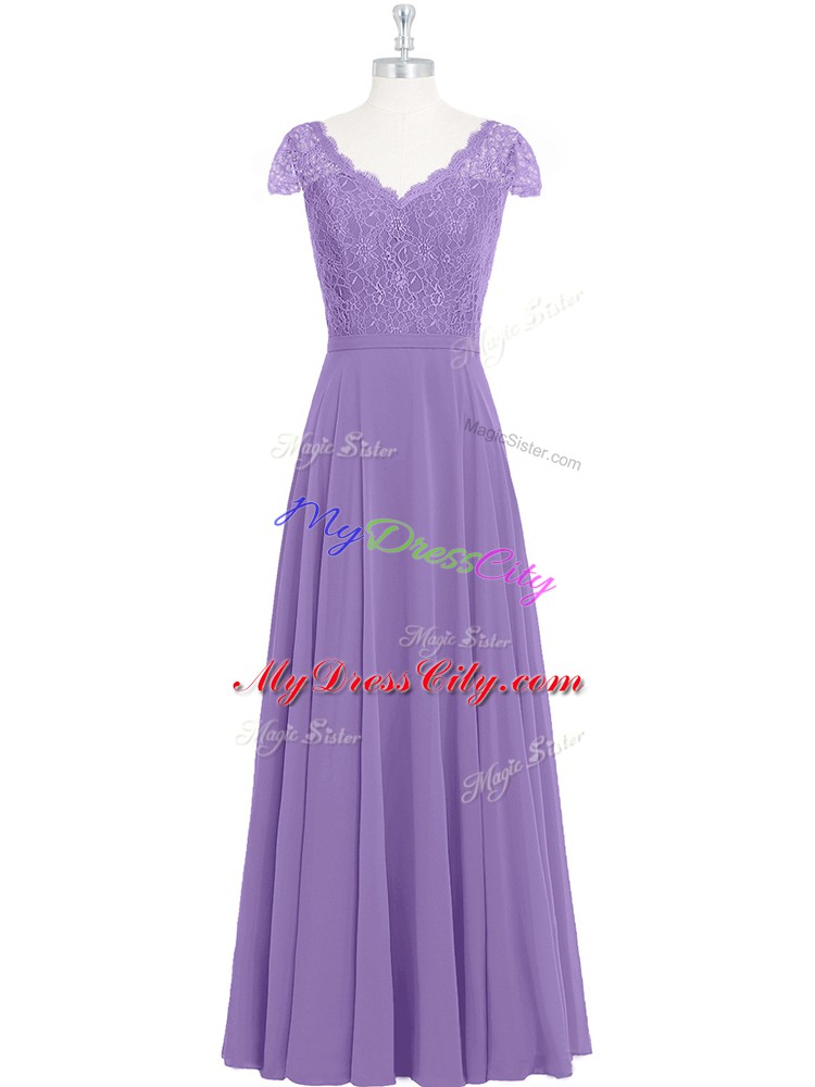 Scalloped Cap Sleeves Prom Party Dress Floor Length Lace Lavender Chiffon