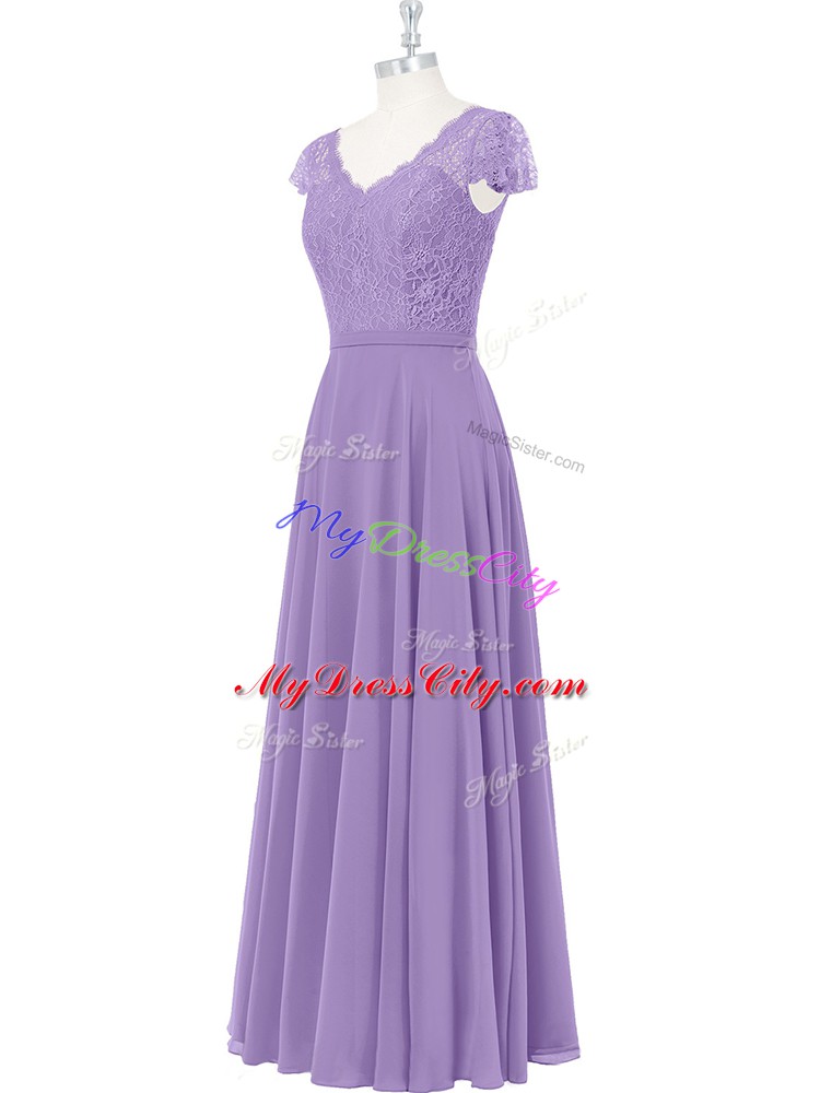 Scalloped Cap Sleeves Prom Party Dress Floor Length Lace Lavender Chiffon