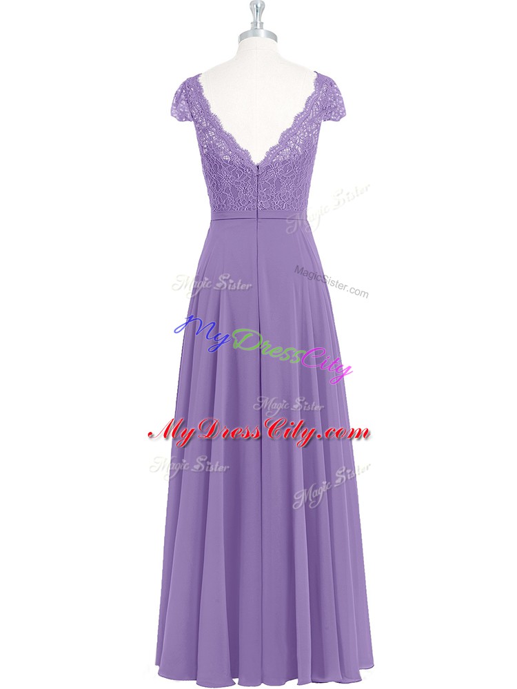 Scalloped Cap Sleeves Prom Party Dress Floor Length Lace Lavender Chiffon