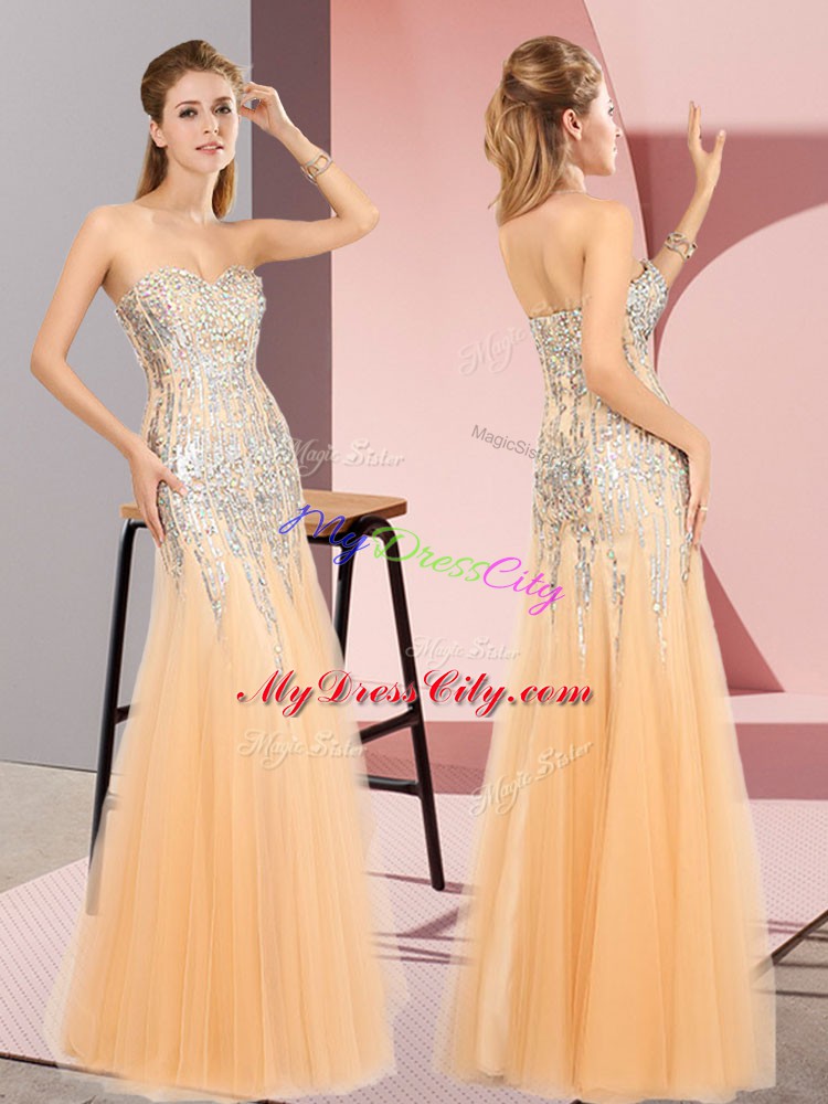 Suitable Orange Column/Sheath Tulle Sweetheart Sleeveless Beading Floor Length Zipper Evening Dress