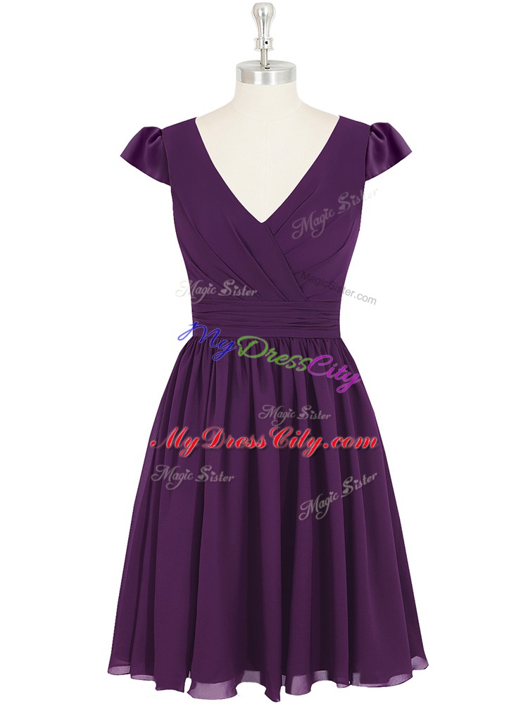 Ruching Prom Evening Gown Purple Zipper Cap Sleeves Mini Length