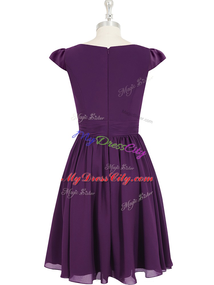 Ruching Prom Evening Gown Purple Zipper Cap Sleeves Mini Length