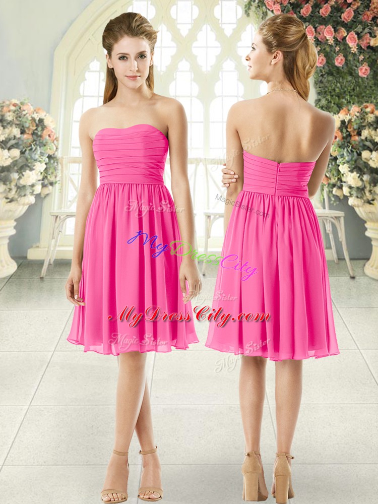 High Class Sleeveless Knee Length Ruching Zipper Evening Dress with Pink