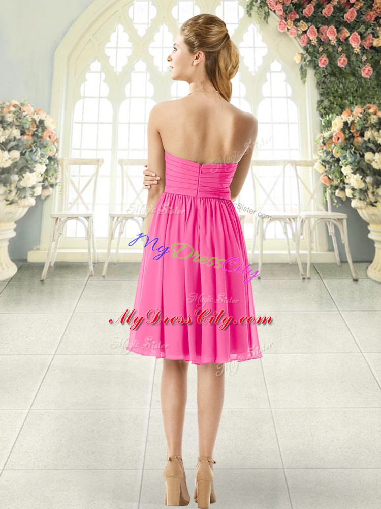 High Class Sleeveless Knee Length Ruching Zipper Evening Dress with Pink