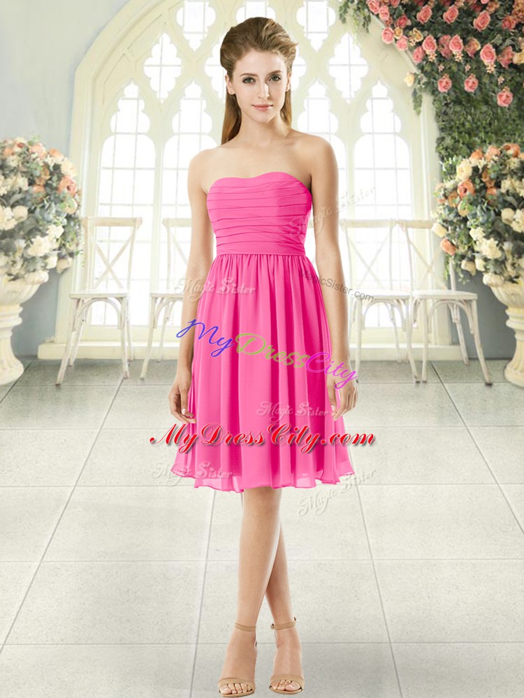 High Class Sleeveless Knee Length Ruching Zipper Evening Dress with Pink