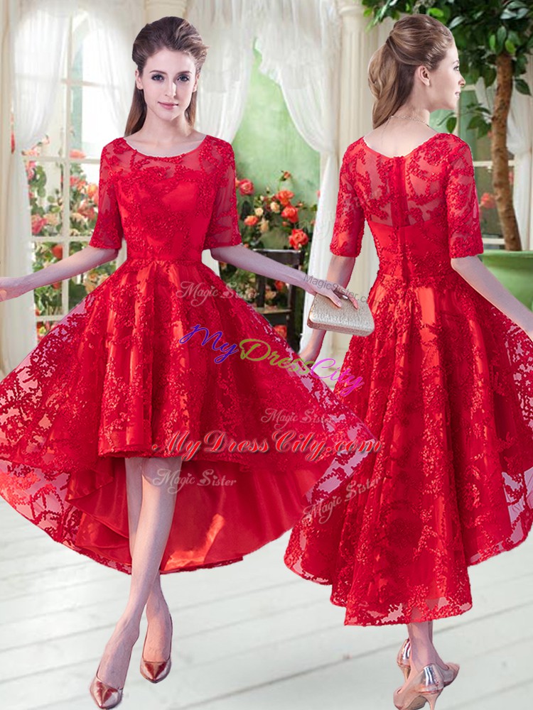 Red Prom Dresses Prom and Party with Lace Scoop Half Sleeves Zipper