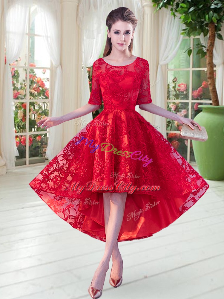 Red Prom Dresses Prom and Party with Lace Scoop Half Sleeves Zipper