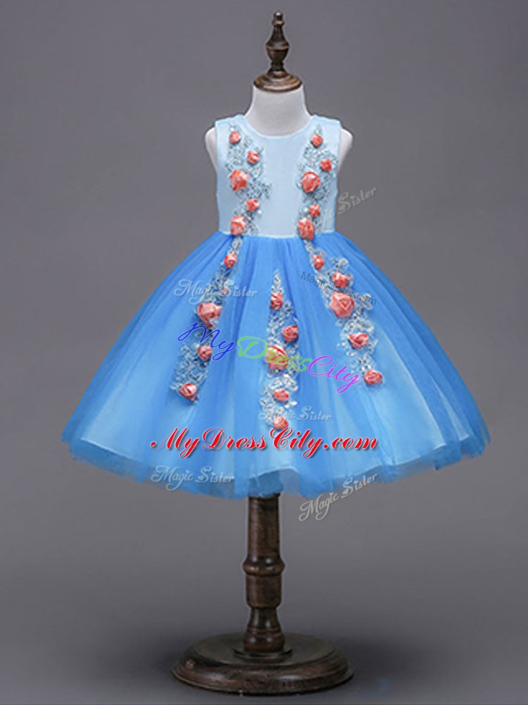 Sleeveless Tulle Mini Length Zipper Flower Girl Dresses for Less in Blue with Hand Made Flower