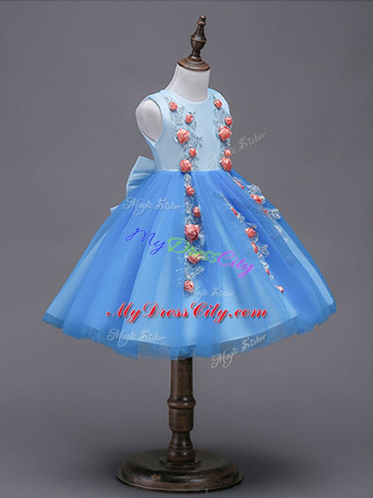 Sleeveless Tulle Mini Length Zipper Flower Girl Dresses for Less in Blue with Hand Made Flower