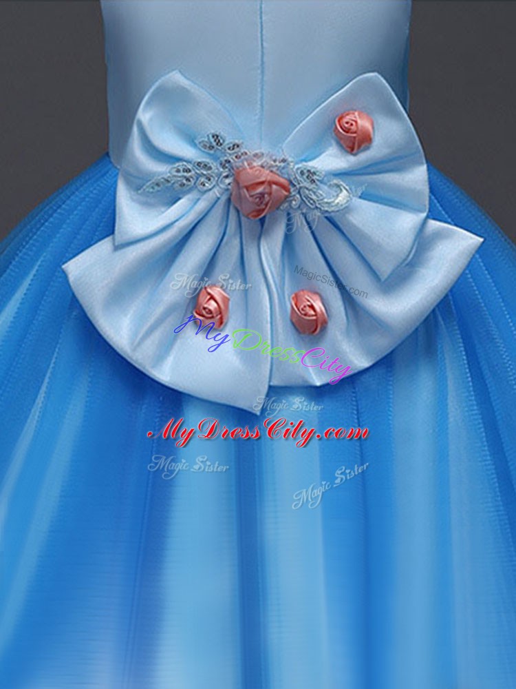 Sleeveless Tulle Mini Length Zipper Flower Girl Dresses for Less in Blue with Hand Made Flower