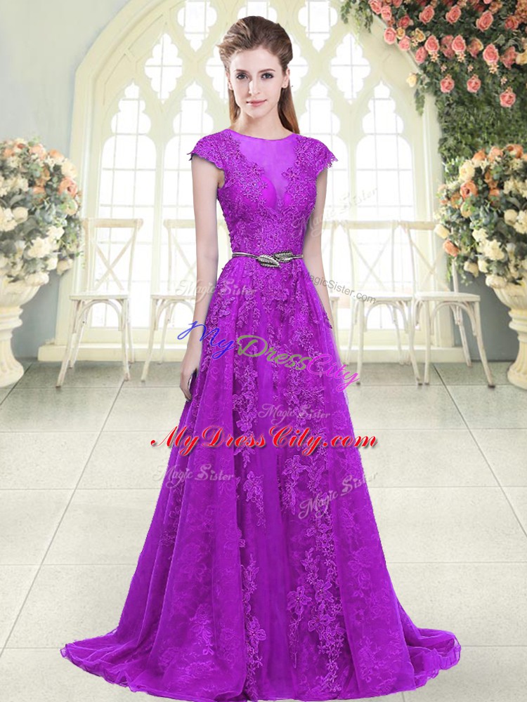 Dynamic Purple A-line Lace and Appliques and Pick Ups Prom Dress Zipper Tulle Cap Sleeves