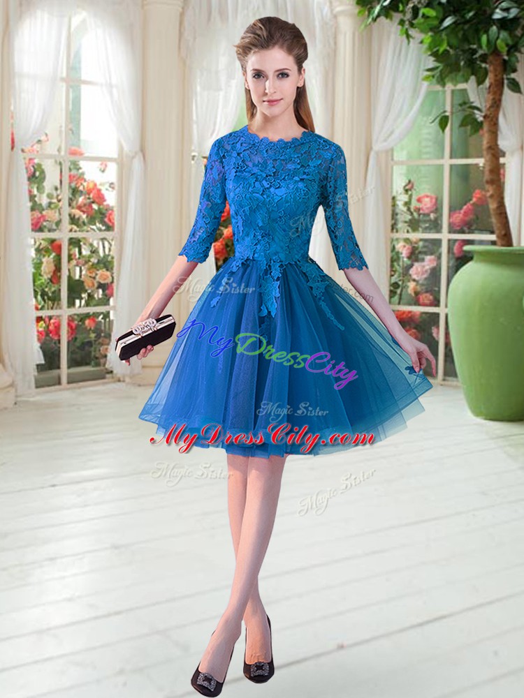 Dramatic Blue Zipper Scalloped Lace Homecoming Dress Tulle Half Sleeves