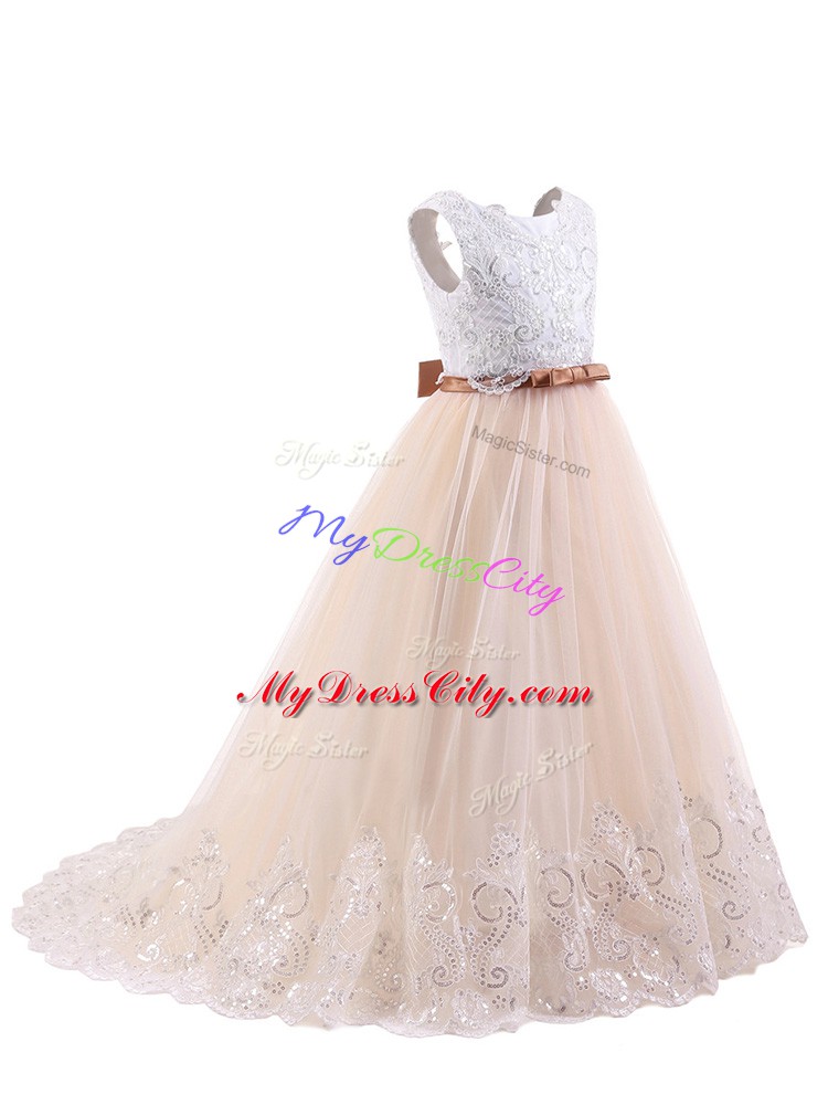 Flare Scoop Sleeveless Flower Girl Dress Brush Train Lace Pink