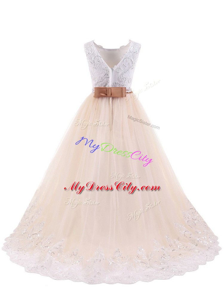 Flare Scoop Sleeveless Flower Girl Dress Brush Train Lace Pink