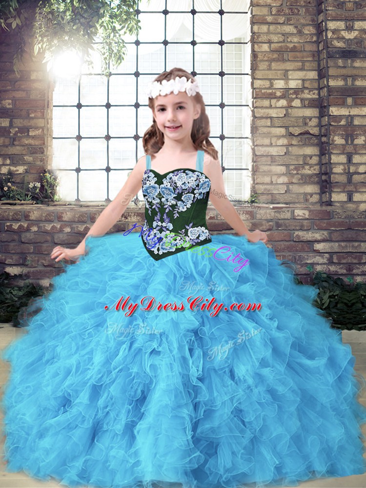 Baby Blue Tulle Lace Up Straps Sleeveless Floor Length Pageant Dress Toddler Embroidery and Ruffles