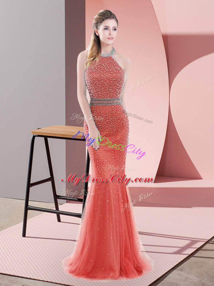 Classical Beading Prom Dress Red Backless Sleeveless Sweep Train