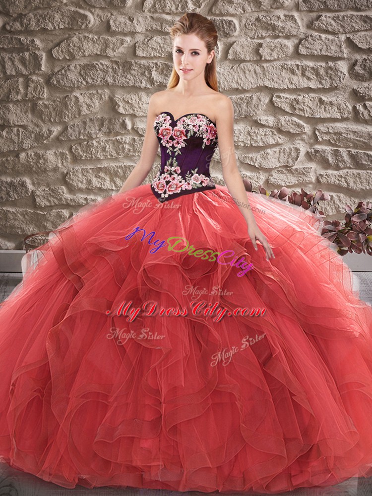 Red Tulle Lace Up Quinceanera Gowns Sleeveless Floor Length Beading and Embroidery