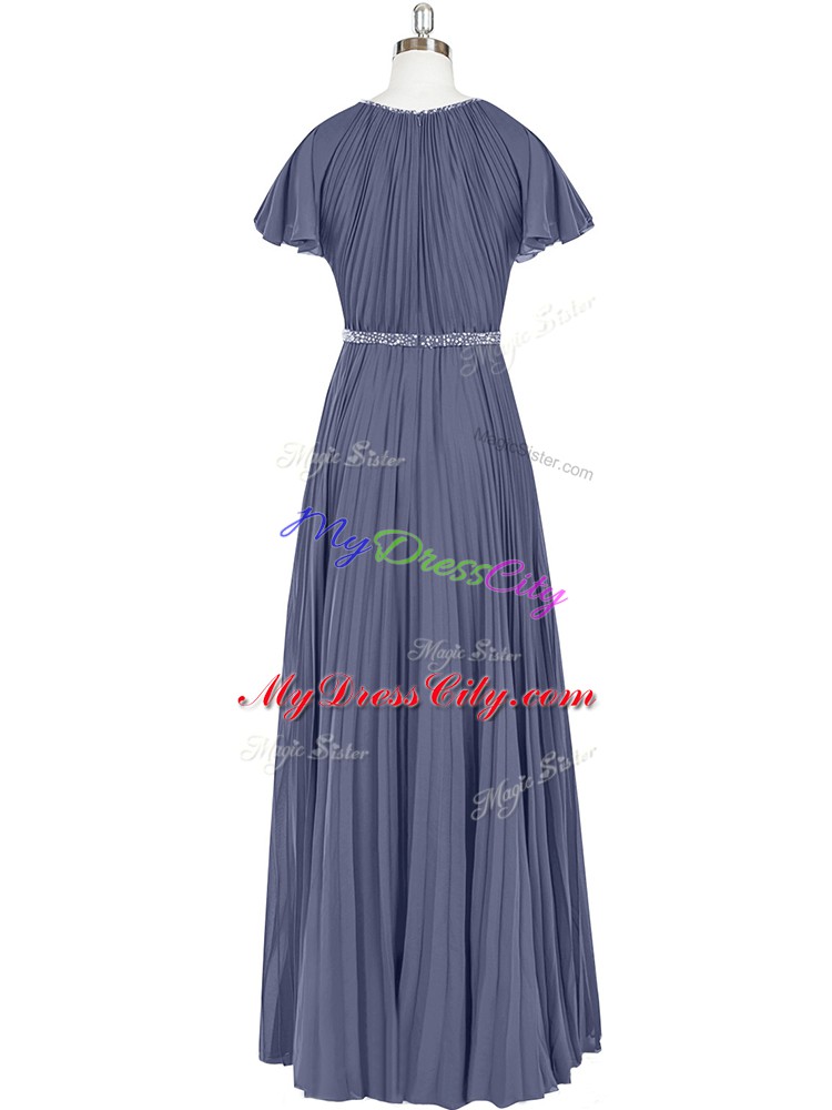 Ideal Chiffon Short Sleeves Floor Length Dress for Prom and Beading and Pleated