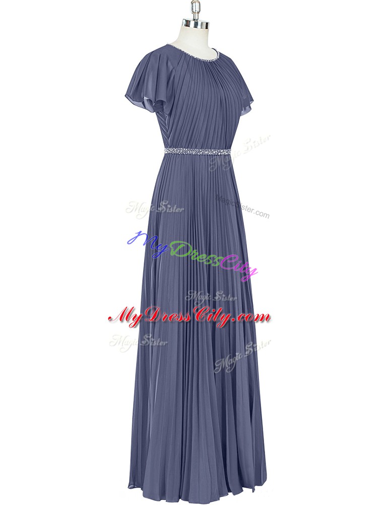 Ideal Chiffon Short Sleeves Floor Length Dress for Prom and Beading and Pleated