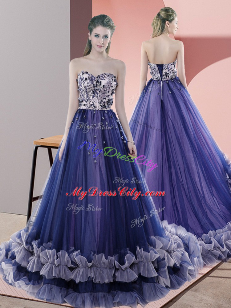 Deluxe Sweep Train A-line Prom Party Dress Blue Sweetheart Tulle Sleeveless Lace Up